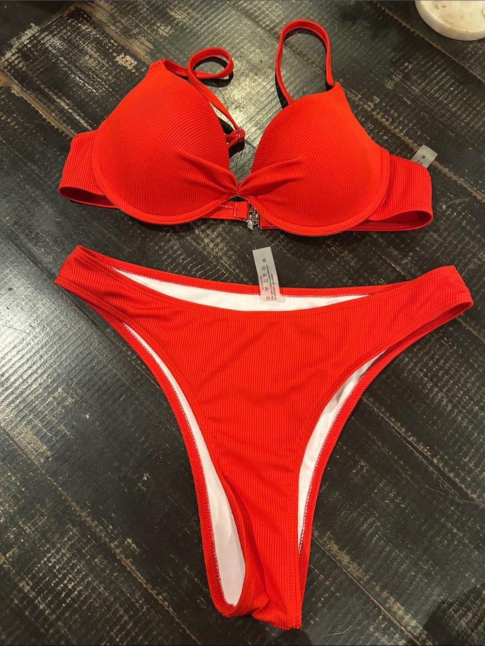 Bold Red Ribbed Push-Up Bikini Set - Women Swim